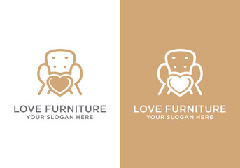 Simple Minimalist Furniture Love Logo. Interior Sofa Chair with Modern Line Art Style With Love Symbol Combination. Furniture Interior Love Logo Design Template.