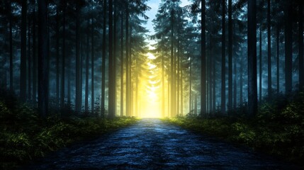 Obraz premium Mystical Forest Path Sunlit Road Through Dark Trees