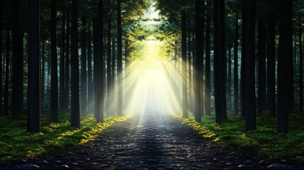 Obraz premium Sunbeams through Forest Path Mystical Nature Scene
