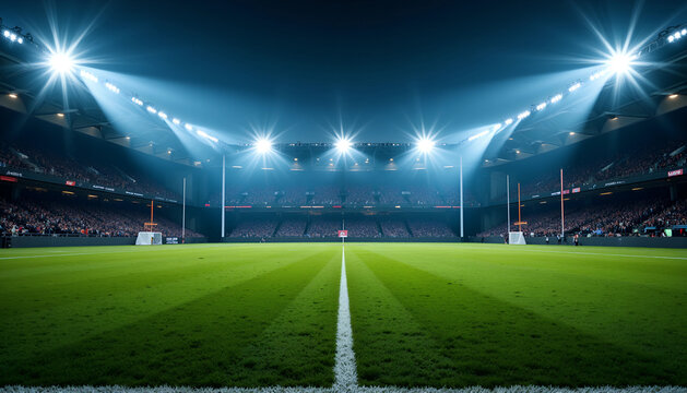 A vibrant rugby stadium illuminated by bright floodlights as teams prepare for an exciting match under a starry night sky