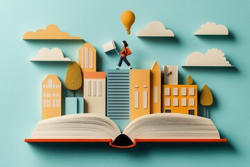 Explore the journey of knowledge through a vibrant pop-up textbook illustrating a cityscape transition