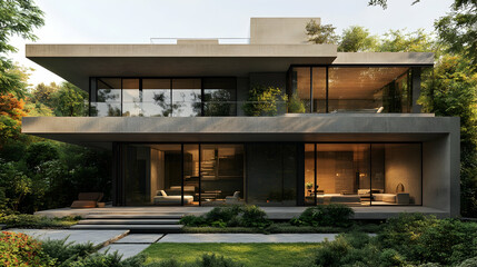 Modern, two-story home with large windows and a deck overlooking a lush garden.