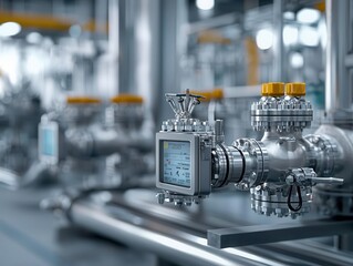 Closeup of octane flow meters and gauges, octane processing, precision in energy control