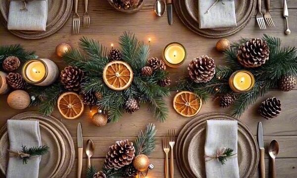 Top view of beautiful Christmas table setting with pinecones, dried oranges, and candles. Cozy rustic holiday ambiance for a festive meal with natural decorations