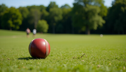A red cricket ball resting on the lush green grass under a bright blue sky in a tranquil park setting on a sunny afternoon