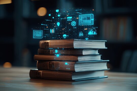 Discover how a stack of open books represents the intersection of knowledge technology and learning in today's digital age