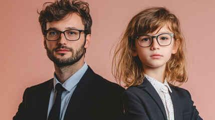 business couple portrait featuring man and girl wearing eyeglasses, both dressed in formal attire against pink background, exuding confidence and professionalism