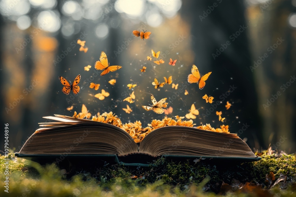 Poster discover the enchantment of an open book in a magical setting filled with butterflies and symbols of