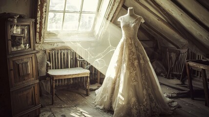 Vintage wedding dress on mannequin in dusty attic