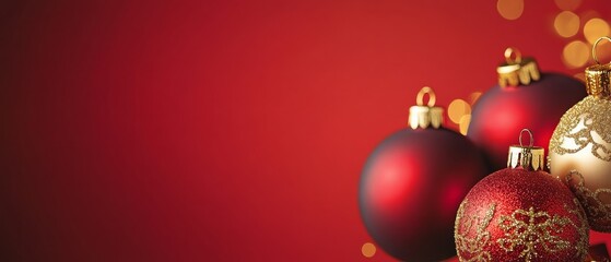 A red background with four red and gold Christmas ornaments