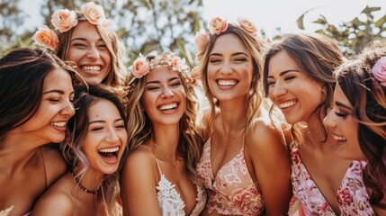 Fototapeta premium Joyful women celebrating together, wearing floral crowns and smiling in a sunny outdoor setting.