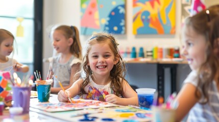 Fototapeta premium Happy girl painting with friends in colorful art class filled with creativity and joy.