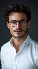 confident young man with curly hair and eyeglasses poses in white shirt, exuding professionalism and charm. His serious expression adds depth to portrait