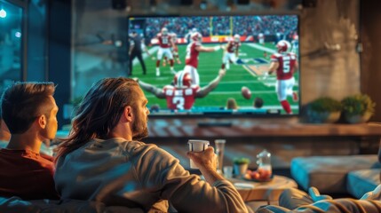 Friends enjoying a sports game on TV while relaxing at home with drinks.