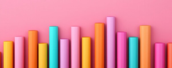 A colorful arrangement of cylindrical shapes on a pink background, creating a vibrant visual effect.