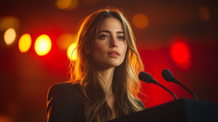 A young woman stands at a podium, confidently addressing an audience with focused determination while dramatic lighting sets an inspirational mood around her.