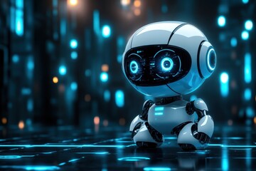 A small, futuristic robot stands on a neon-lit digital surface in a high-tech environment