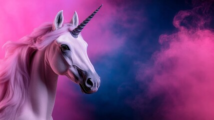Fototapeta premium Magical Unicorn Portrait Pink Hair Dark Background Fantasy Horse