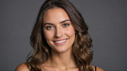 Naklejka premium A woman with long brown hair smiles for the camera against a gray background