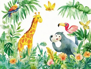 cute cartoon water color whimsical concept for kids whimsical watercolor isolated on white Vibrant tropical scene featuring exotic animals and lush foliage, perfect for nature and wildlife themes.
