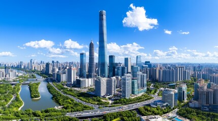 Obraz premium Stunning Aerial View of Modern City Skyline Skyscrapers River and Lush Greenery