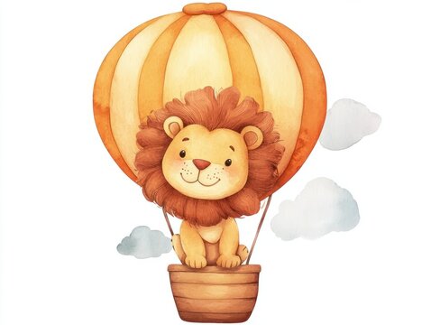 recommend clip art: Cute watercolor cartoon lion flying on a hot air balloon, clipart illustration with isolated white background.