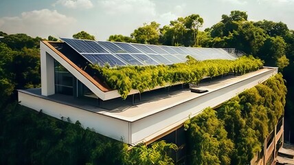 solar panels on the roof of a green house covered with plants