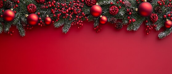 A red background with a red ribbon and red ornaments