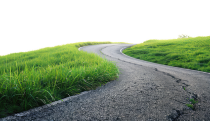 Asphalt road curving through a lush green landscape on a transparent background.