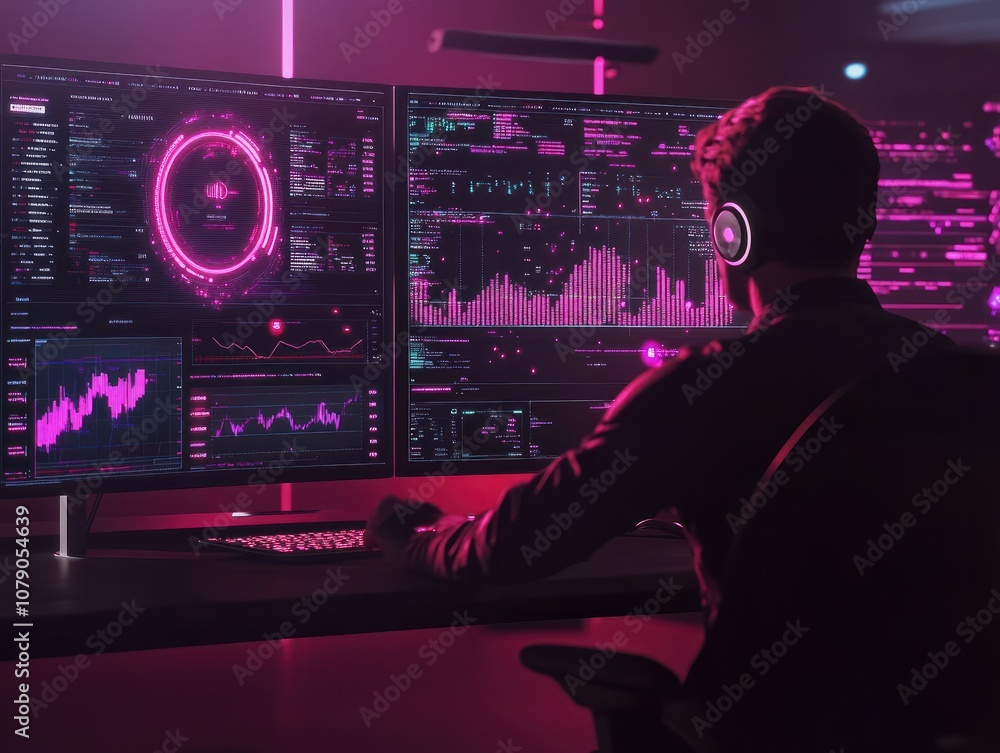 Poster dark, office and man with data overlay, digital coding and system management for crypto trading. fut