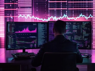 Dark, office and man with data overlay, digital coding and system management for crypto trading. Future technology, dashboard and programmer with hologram for cyber stocks, analytics and online info