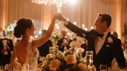A joyful couple toasting during a romantic wedding reception, surrounded by beautiful flowers and elegant decor.