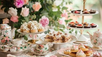 A delightful assortment of pastries, cakes, and tea served on elegant china with floral accents, surrounded by beautiful flowers.