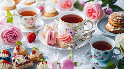 A delightful afternoon tea spread featuring various pastries, cakes, and floral arrangements on a beautifully set table.