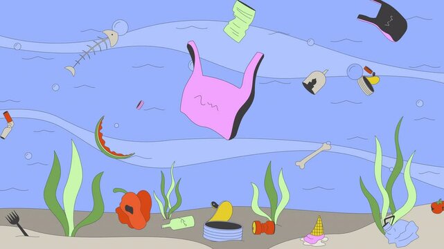 Marine litter floating underwater ocean cartoon animation. Plastic and organic waste undersea 4K video 2D motion graphic. Environmental disaster. Water animated backdrop on sea pollution background