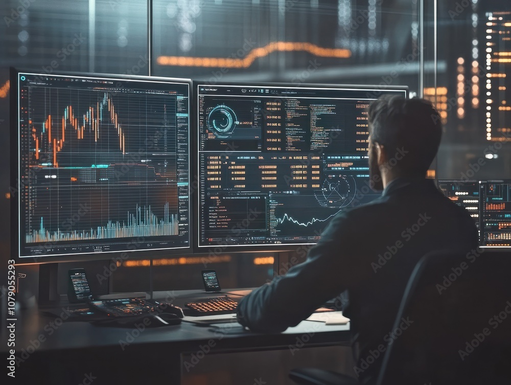 Poster dark, office and man with data overlay, digital coding and system management for crypto trading. fut