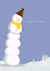 Merry Christmas and happy new year greeting card with sowman cute cartoon character for holiday vector illustration background. Design for cards, poster, cover and decoration.