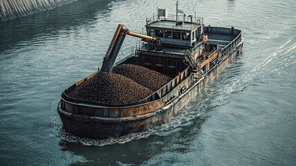 A coal barge navigates through tranquil waters, showcasing the blend of industrial transportation and nature's beauty. Ideal for industry-focused projects.
