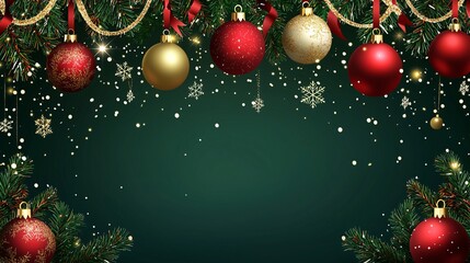 A festive holiday background featuring elegant Christmas ornaments, sparkling snowflakes, and lush evergreen branches, perfect for seasonal designs.