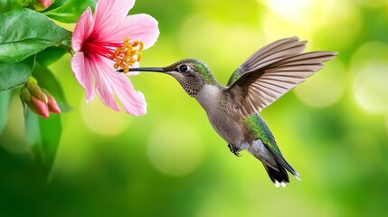 Fototapeta premium Hummingbird Feeding on Pink Hibiscus Flower Spring Nature Wildlife