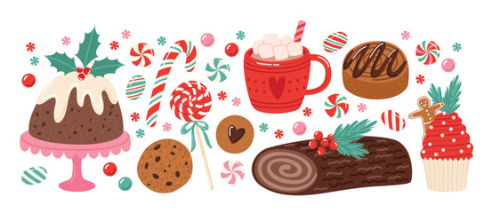 Christmas desserts set. Traditional winter holidays season food. Vector illustrations collection isolated on white background