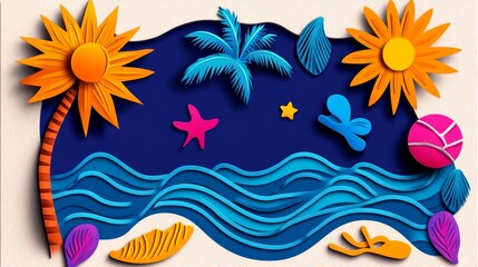 Obraz premium Vibrant Summer Beach Paper Cutout Illustration Tropical Fun Ocean Waves Sun Flowers Starfish