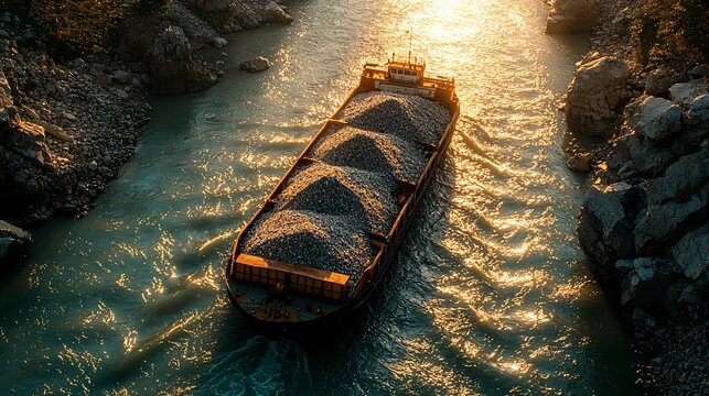 A cargo barge navigates a serene river at sunset, carrying gravel and providing a picturesque view of transportation and nature's beauty.