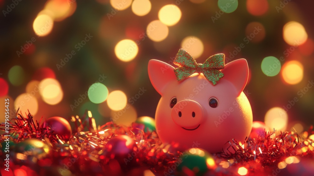 Poster a cute pink piggy bank with a sparkling green bow is placed amidst shiny ornaments and shimmering ti