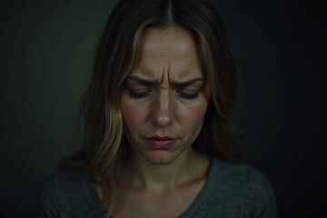 portrait of a woman in distress sitting alone in a dark room