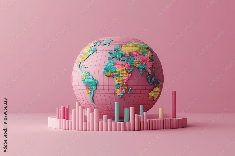 Poster a colorful globe with a pink backdrop, surrounded by bar graphs, representing global data visualizat