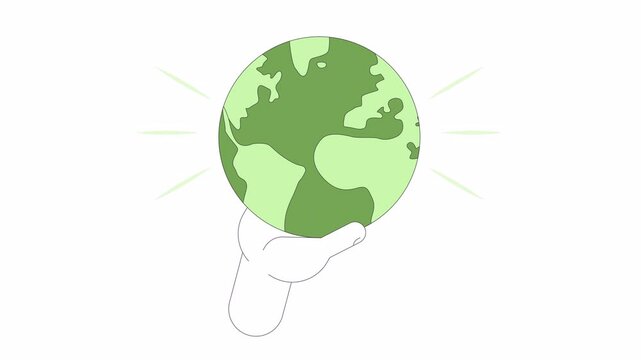 Save planet 2D animation. Earth day 4K video motion graphic. Sustainability environmental protection conservation. Go green. Holding world globe animated hand cartoon flat concept, white background