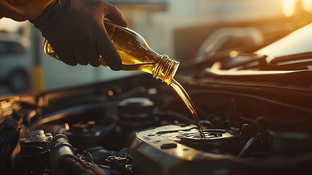 A close-up view of a mechanic pouring oil into a car engine, highlighting the importance of vehicle maintenance and proper care for automotive performance.
