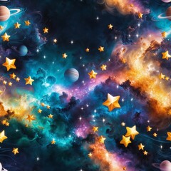 Illustrazione di galassia colorata con stelle dorate e pianeti