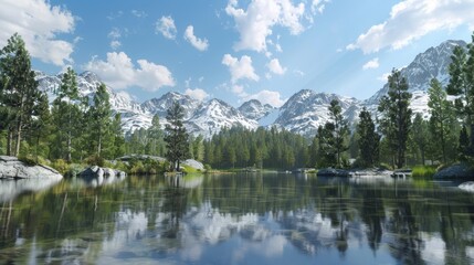 Breathtaking Alpine Landscape with Pristine Mirror-Like Lake Reflecting Snow-Capped Mountains and Lush Evergreens, Clear Blue Sky and Fluffy Clouds, Illuminated by Warm Sunlight.